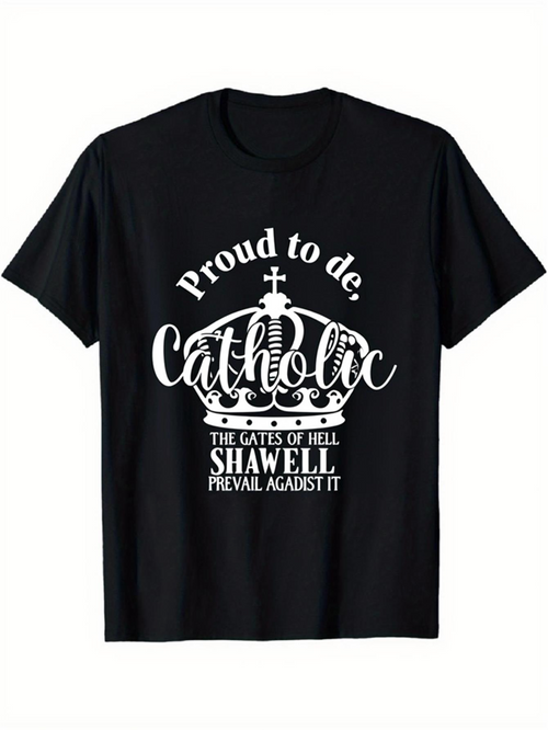 Men's Graphic T-Shirt Proud To Be Catholic Crown With Text Under White Cross