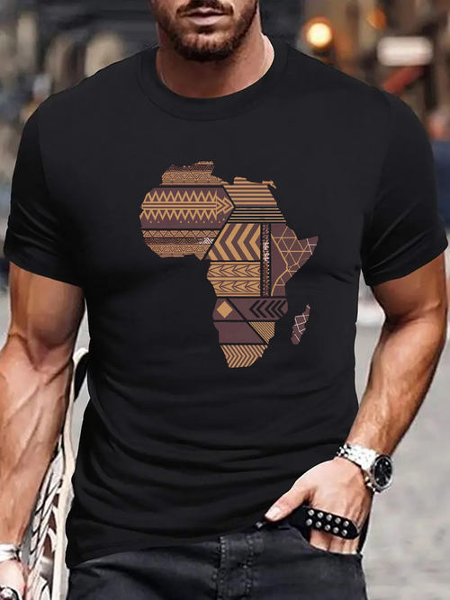 Men's Graphic T-Shirt Earth Tone Tribal Patterns Across Bold Continent Outline Map