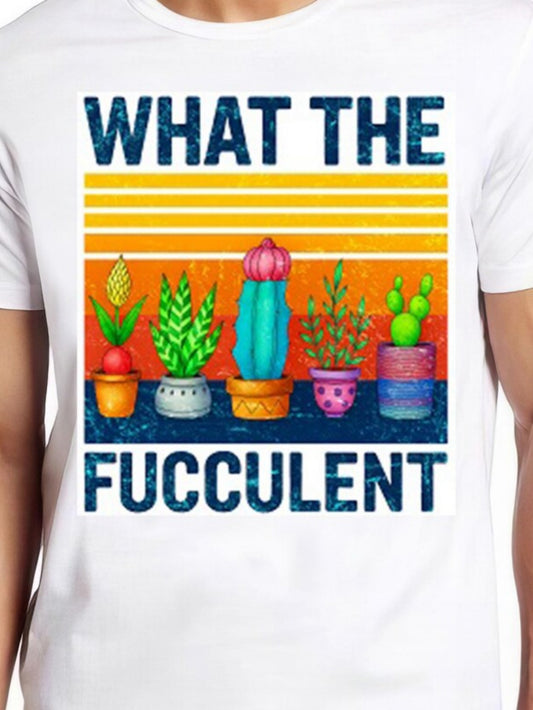 Men's Graphic T-Shirt What The Fucculent Colorful Potted Succulents Under Vintage Striped Sunrise