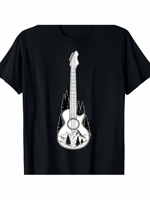 Men's Graphic T-Shirt Enchanted Forest Scenery Reflected In Guitar Shaped Design
