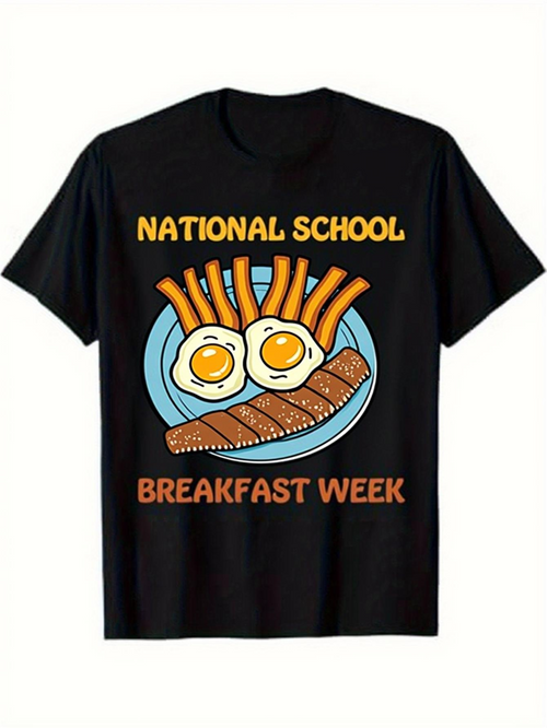 Men's Graphic T-Shirt National School Breakfast Week Sunny Eggs With Bacon Sausages Fries On Blue Plate