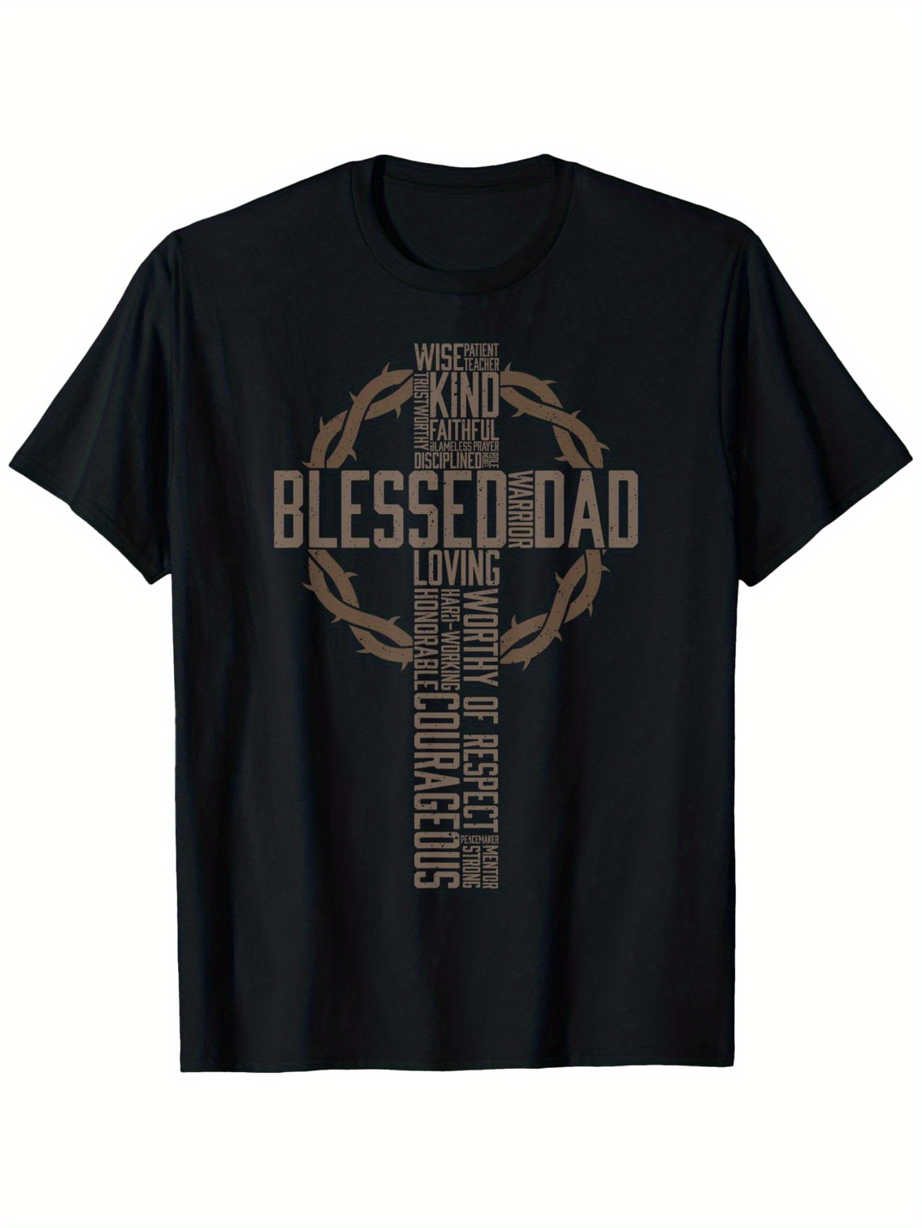 Men's Graphic T-Shirt Blessed Dad With Crown Of Thorns Cross Spiritual Message Shirt