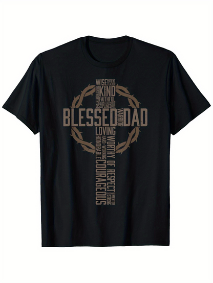 Men's Graphic T-Shirt Blessed Dad With Crown Of Thorns Cross Spiritual Message Shirt