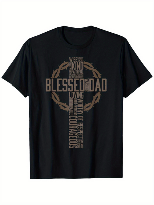 Men's Graphic T-Shirt Blessed Dad With Crown Of Thorns Cross Spiritual Message Shirt