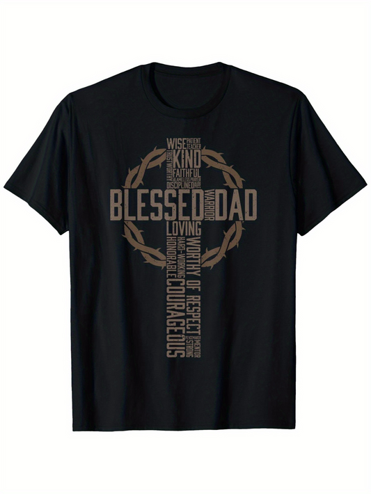Men's Graphic T-Shirt Blessed Dad With Crown Of Thorns Cross Spiritual Message Shirt