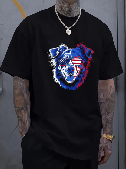 Men's Graphic T-Shirt Patriotic Colors With American Flag Eyewear Fluffy Dog Portrait