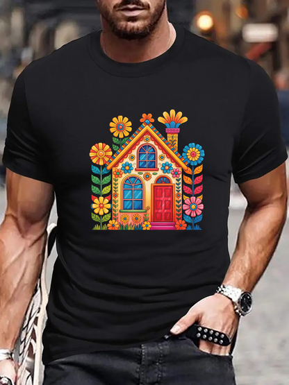 Men's Graphic T-Shirt Colorful Blossoms Growing Around Whimsical Folk Art Style House