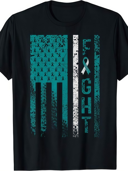 Men's Graphic T-Shirt Distressed Teal Flag With Ribbon And Word Fight Symbolic Fight