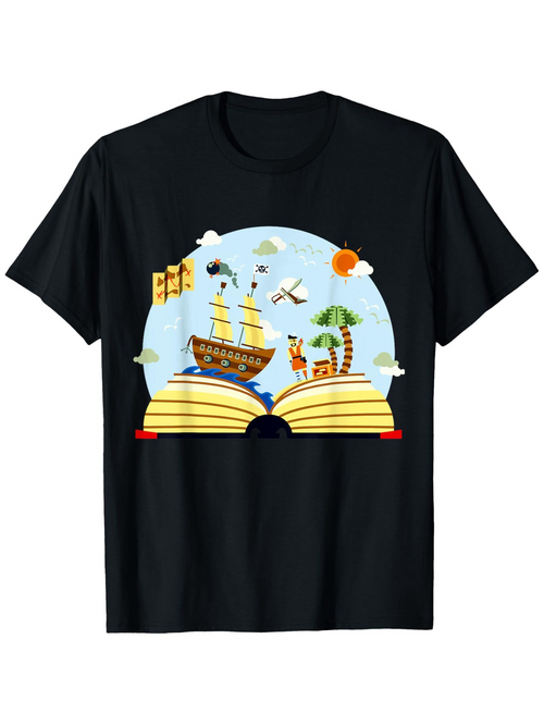 Men's Graphic T-Shirt Tropical Adventure Scene With Open Book And Pirate Ship
