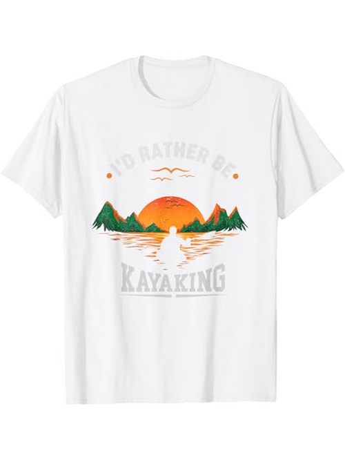 Men's Graphic T-Shirt Id Rather Be Kayaking Vibrant Orange Mountain Sunset With Serene Lake Waters Kayak
