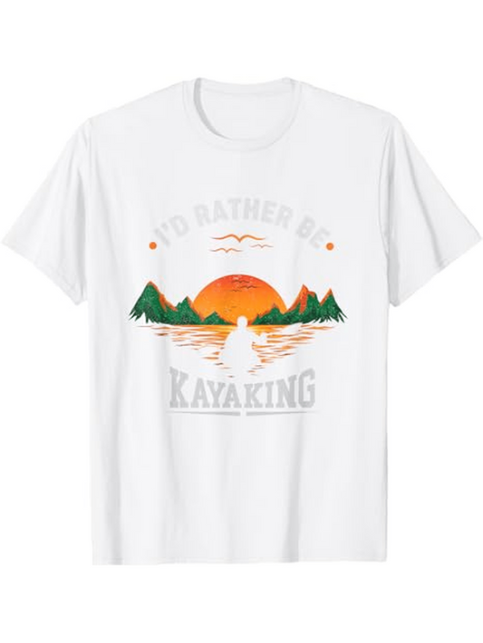 Men's Graphic T-Shirt Id Rather Be Kayaking Vibrant Orange Mountain Sunset With Serene Lake Waters Kayak