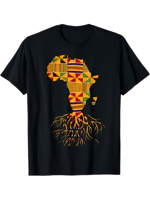 Men's Graphic T-Shirt Traditional African Patterned Roots Under Vibrant Patchwork Shaped Africa Continent