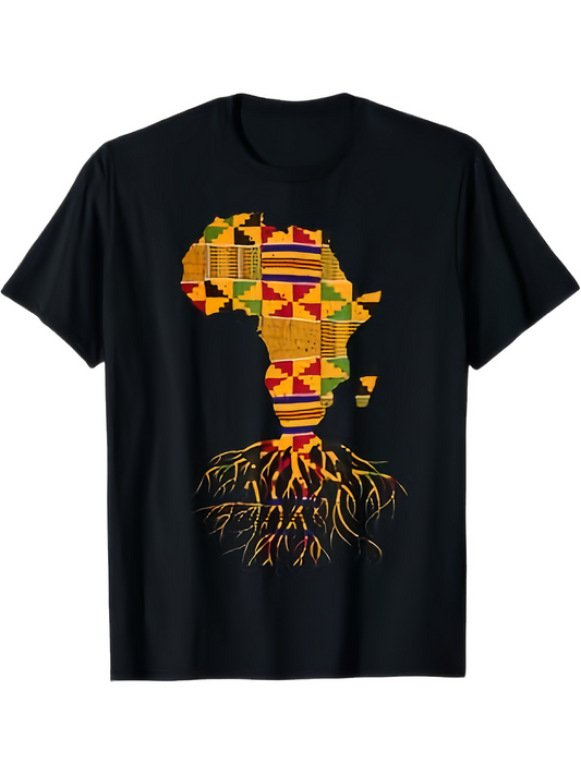 Men's Graphic T-Shirt Traditional African Patterned Roots Under Vibrant Patchwork Shaped Africa Continent
