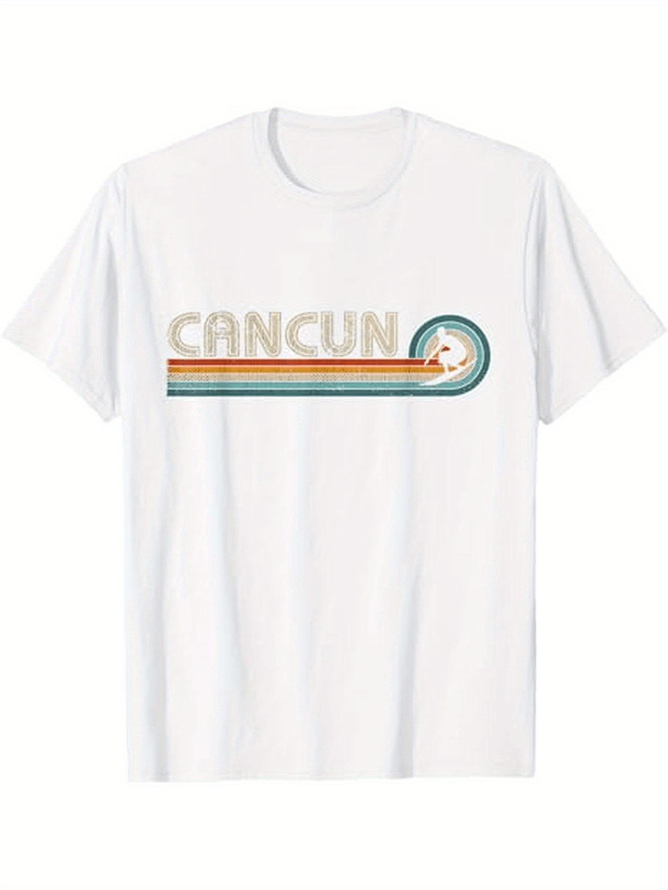 Men's Graphic T-Shirt Cancun Retro Stripe With Palm Tree At The Ocean Shore