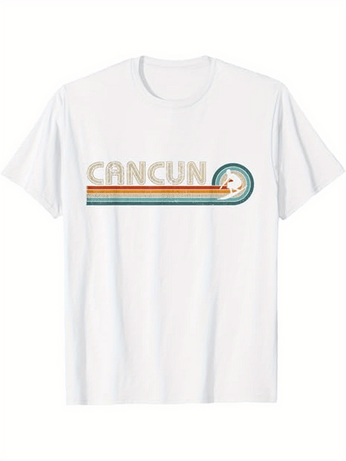 Men's Graphic T-Shirt Cancun Retro Stripe With Palm Tree At The Ocean Shore