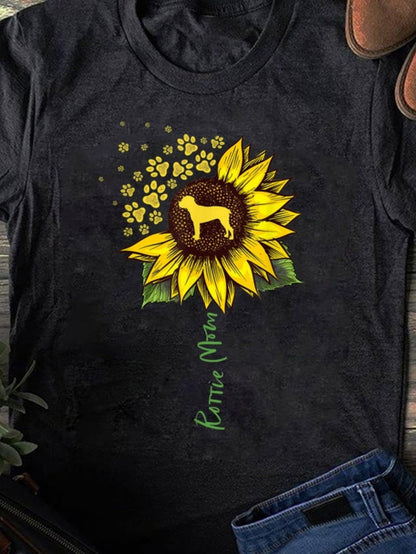 Men's Graphic T-Shirt Labrador Mom Surrounded By Sunflower Blossoms With Paw Prints And Playful Dog
