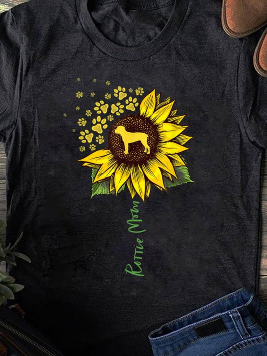 Men's Graphic T-Shirt Labrador Mom Surrounded By Sunflower Blossoms With Paw Prints And Playful Dog
