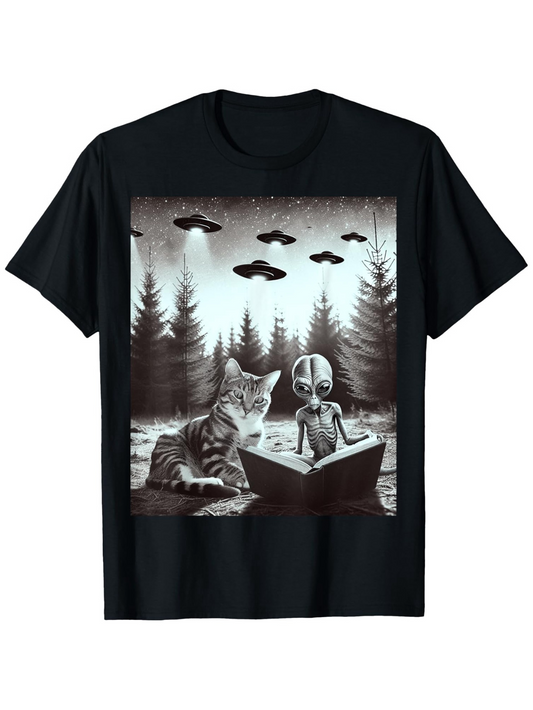 Men's Graphic T-Shirt Night Forest Cat Reading A Mysterious Book With Alien Friends
