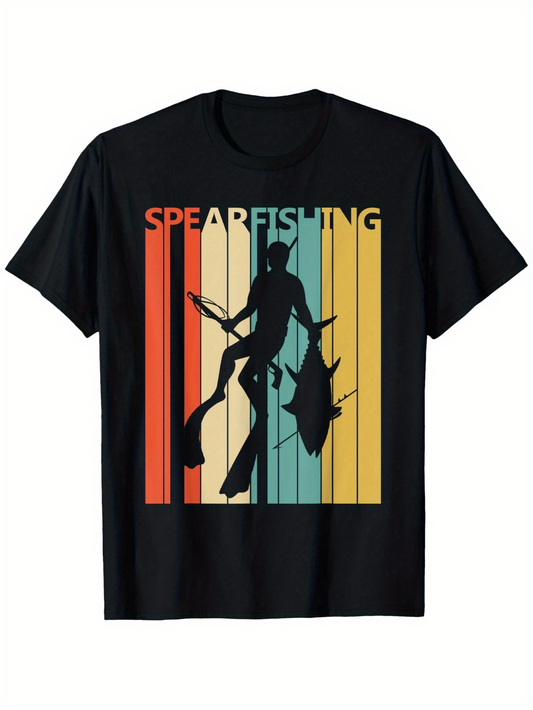 Men's Graphic T-Shirt Spearfishing Silhouette Over Vintage Colored Stripes With Diver Catching Fish