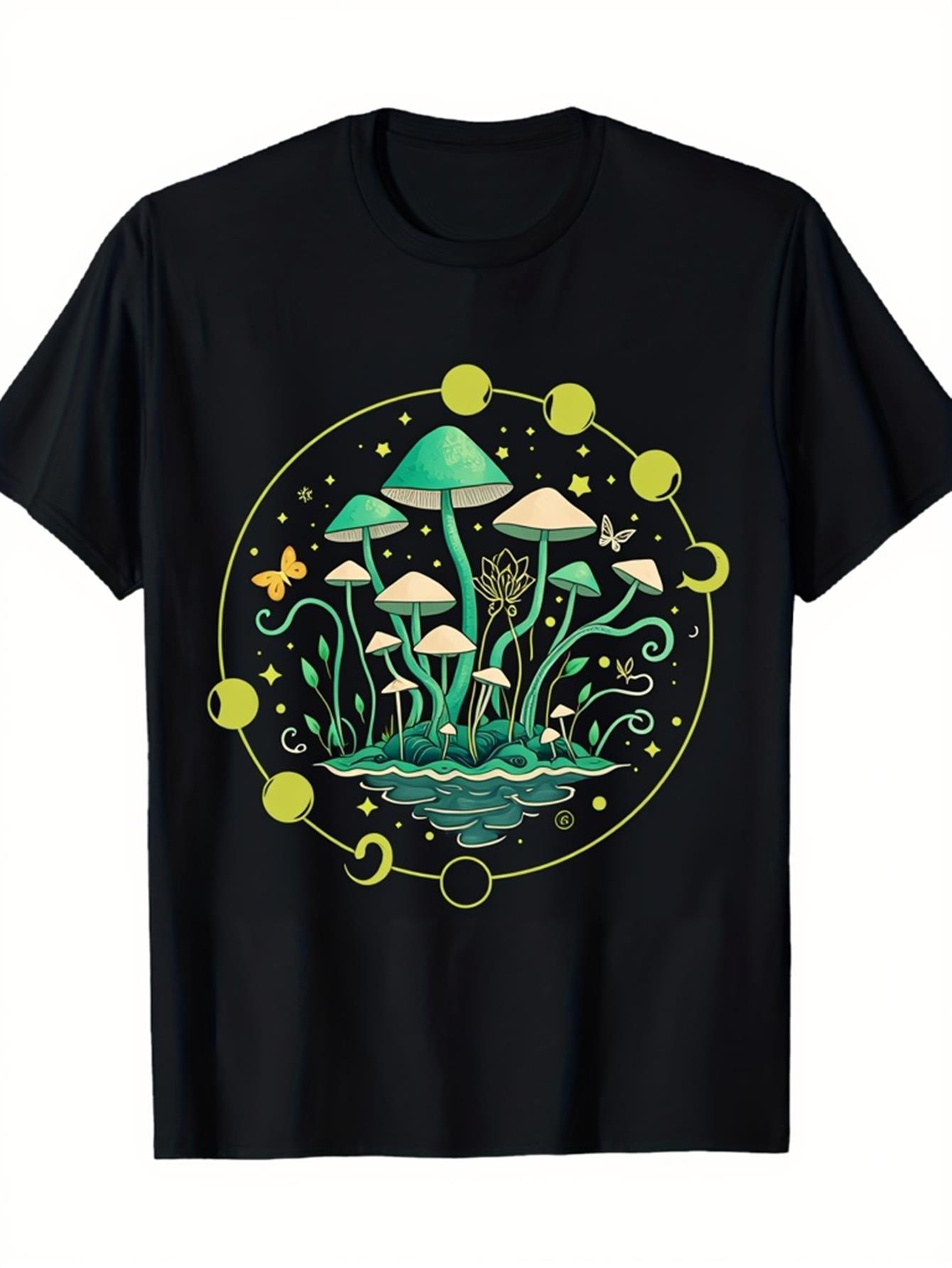 Men's Graphic T-Shirt Enchanted Moon Phases With Sparkling Pond And Whimsical Mushrooms