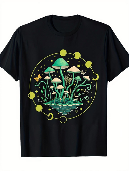 Men's Graphic T-Shirt Enchanted Moon Phases With Sparkling Pond And Whimsical Mushrooms