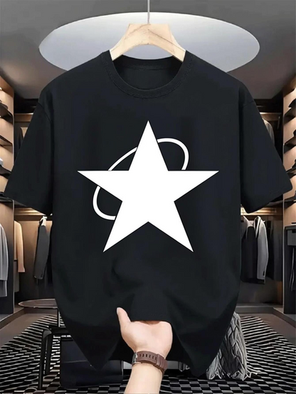 Men's Graphic T-Shirt White Star With Orbiting Ring On Stark Black Shirt