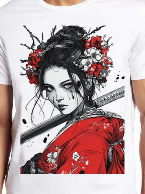 Men's Graphic T-Shirt Blossoms And Ink Splatter Surrounding A Fierce Red Kimono Woman