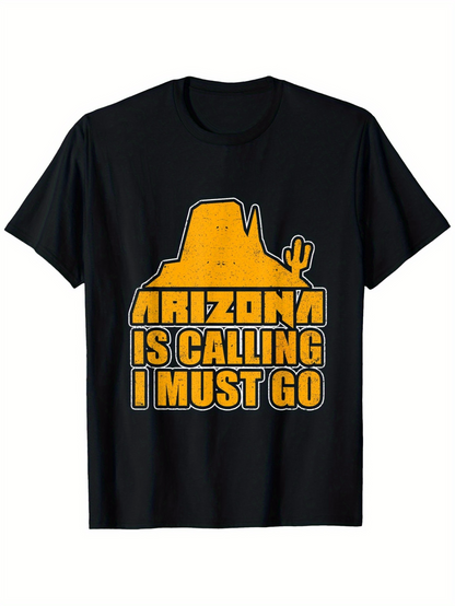Men's Graphic T-Shirt Arizona Is Calling I Must Go With Desert Silhouette And Cactus Sunset