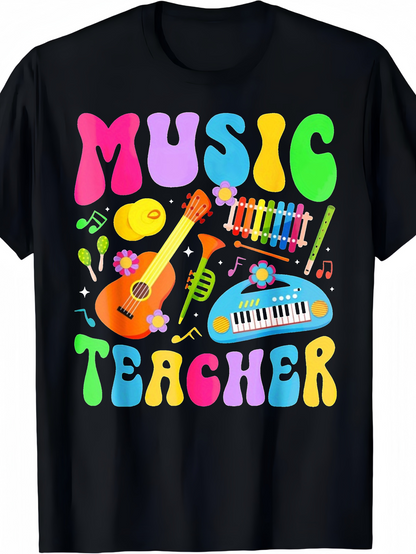 Men's Graphic T-Shirt Music Teacher Colorful Instruments With Flowers And Musical Notes T Shirt