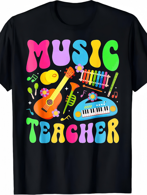 Men's Graphic T-Shirt Music Teacher Colorful Instruments With Flowers And Musical Notes T Shirt