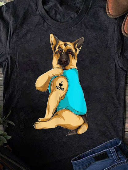Women's Graphic T-Shirt I Love Mom Playful German Shepherd Dog Wearing Blue Shirt