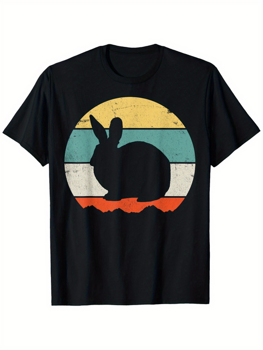 Men's Graphic T-Shirt Retro Sunset Stripes With Silhouetted Rabbit Graphic Among Vintage Colors Rabbit