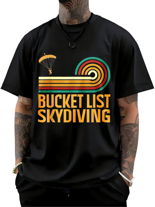 Men's Graphic T-Shirt Bucket List Skydiving Retro Lines With Parachute Diver Above Black T Shirt