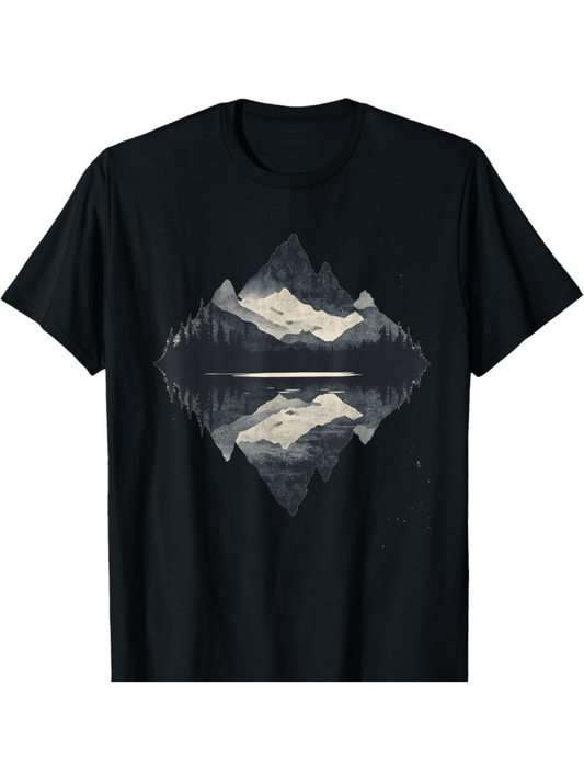 Men's Graphic T-Shirt Snow Capped Peaks Reflected In Still Lake With Misty Forest Mountains