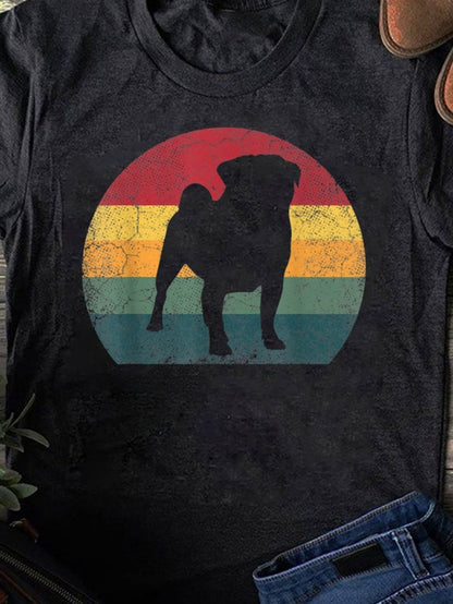 Men's Graphic T-Shirt Vintage Striped Circle With Silhouette Against Retro Sunset Pug