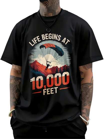 Men's Graphic T-Shirt Life Begins At Ten Thousand Feet Parachute Over Sunrise Mountain Landscape