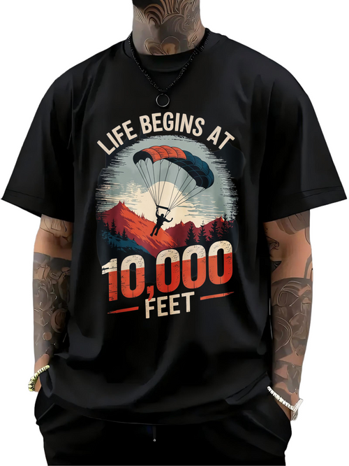 Men's Graphic T-Shirt Life Begins At Ten Thousand Feet Parachute Over Sunrise Mountain Landscape