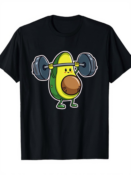 Men's Graphic T-Shirt Cartoon Avocado Character Lifting Weights With Smiling Face