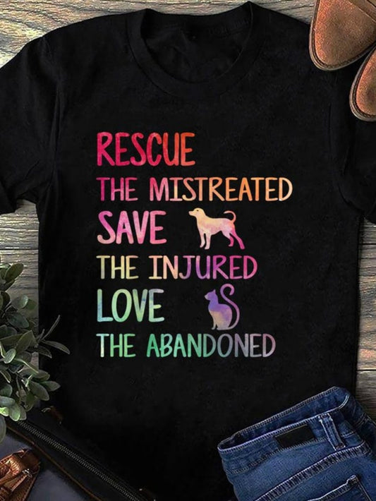 Men's Graphic T-Shirt Rescue Save Love The Abandoned Surrounded By Colorful Text And Animal Silhouettes