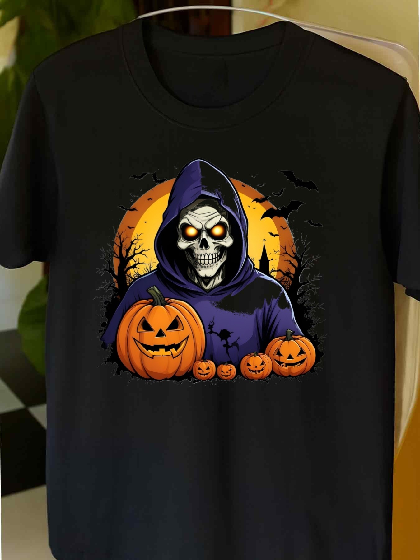 Men's Graphic T-Shirt Haunted Night With Hooded Skeleton Among Glowing Pumpkins