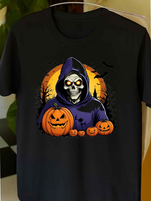 Men's Graphic T-Shirt Haunted Night With Hooded Skeleton Among Glowing Pumpkins
