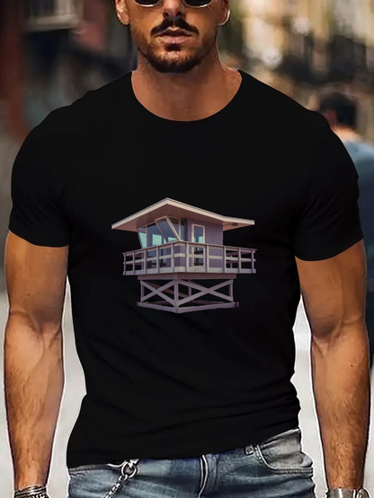 Men's Graphic T-Shirt Pastel Striped Hues Framing A Wooden Coastal Lifeguard Tower