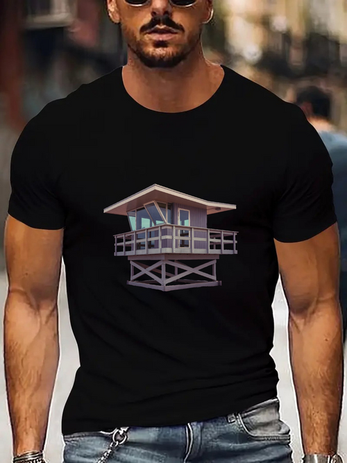 Men's Graphic T-Shirt Pastel Striped Hues Framing A Wooden Coastal Lifeguard Tower