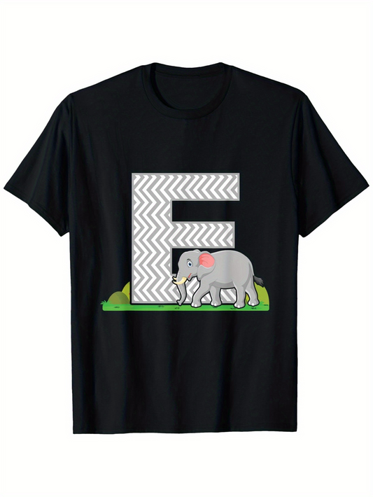 Men's Graphic T-Shirt Gray Elephant With Zigzag Letter E Standing On Green Grass