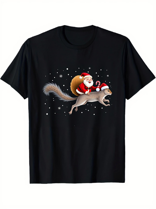 Men's Graphic T-Shirt Santa Claus Carrying Gifts Flying Over Snowflakes On Squirrel