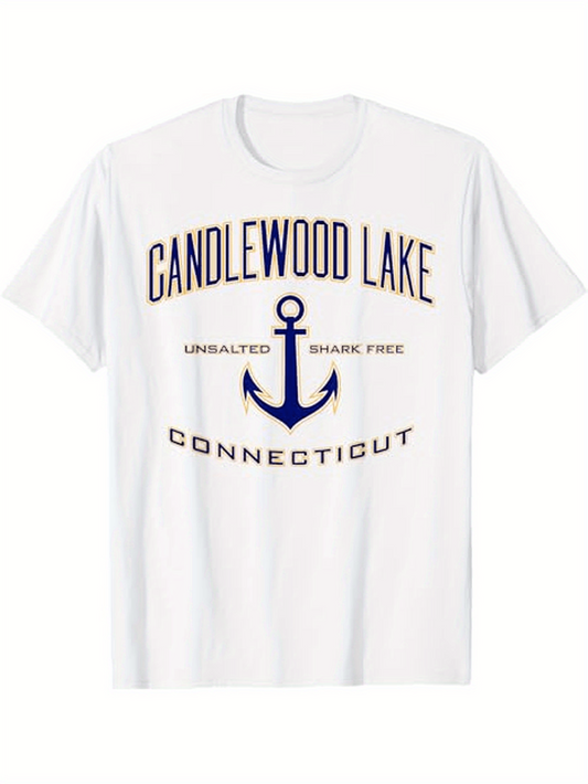 Men's Graphic T-Shirt Candlewood Lake Unsalted Shark Free With Blue Anchor Connecticut