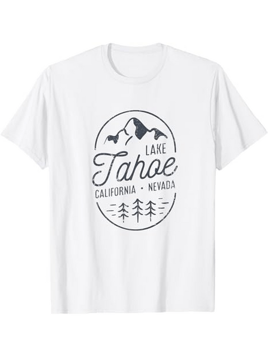 Men's Graphic T-Shirt Lake Tahoe Hand Drawn Pines With Majestic Mountains Under Soaring Birds T Shirt