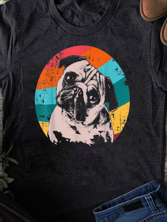 Men's Graphic T-Shirt Vintage Rainbow Circle With Playful Pug Under Colorful Stripes Dog