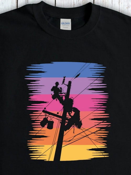 Men's Graphic T-Shirt Electric Workers Silhouetted Against Romantic Sunset Colored Sky