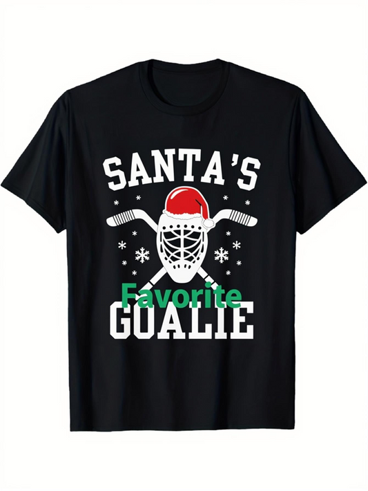 Men's Graphic T-Shirt Santas Favorite Goalie With Hockey Mask Sticks And Christmas Snowflakes